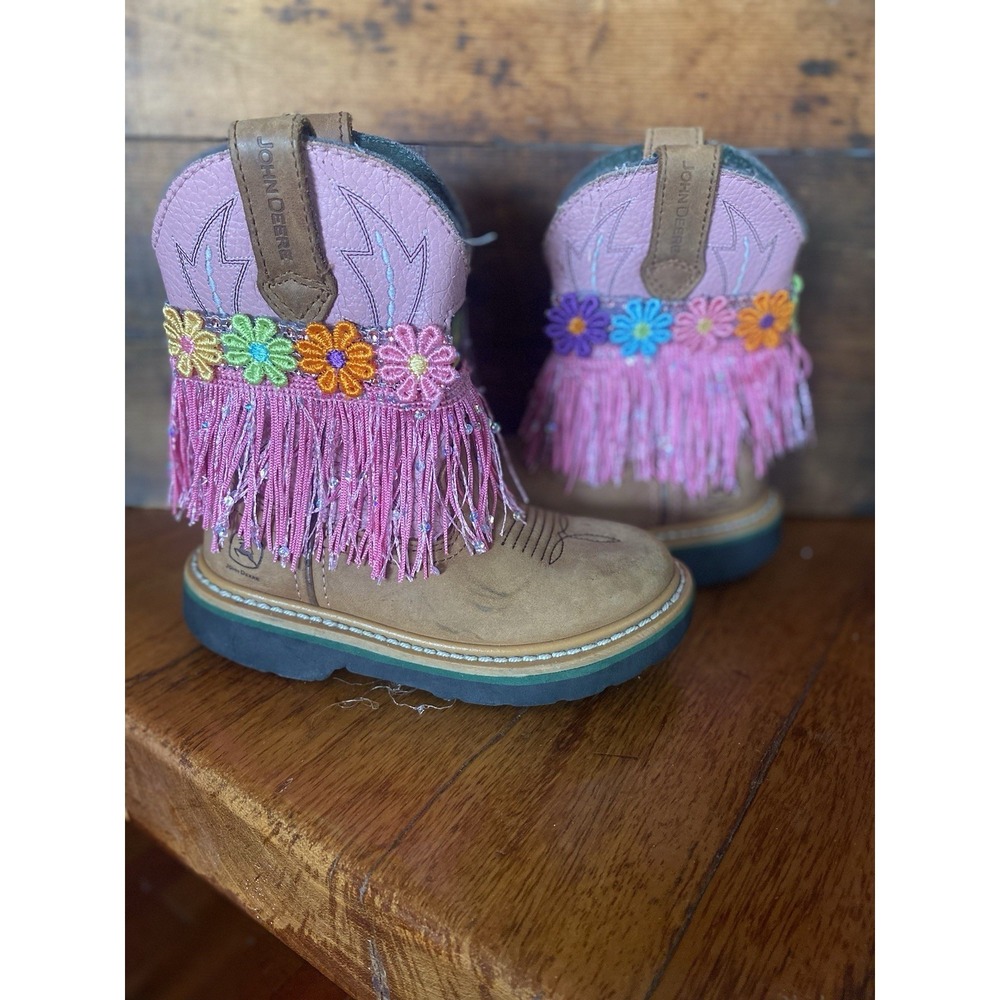 John Deere Cowgirl Boots Toddler Sz 10 Pink Leather Round Toe Upcycled